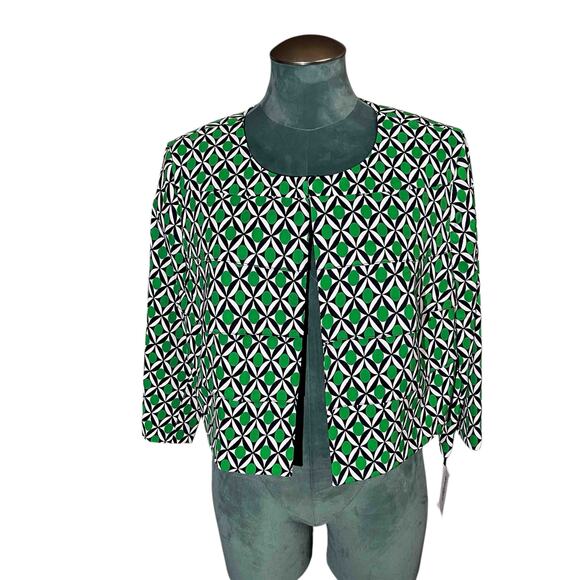 NWT Dressbarn Women's Open Lined Cropped Blazer Career Green Geometric Size 14 - Picture 1 of 9